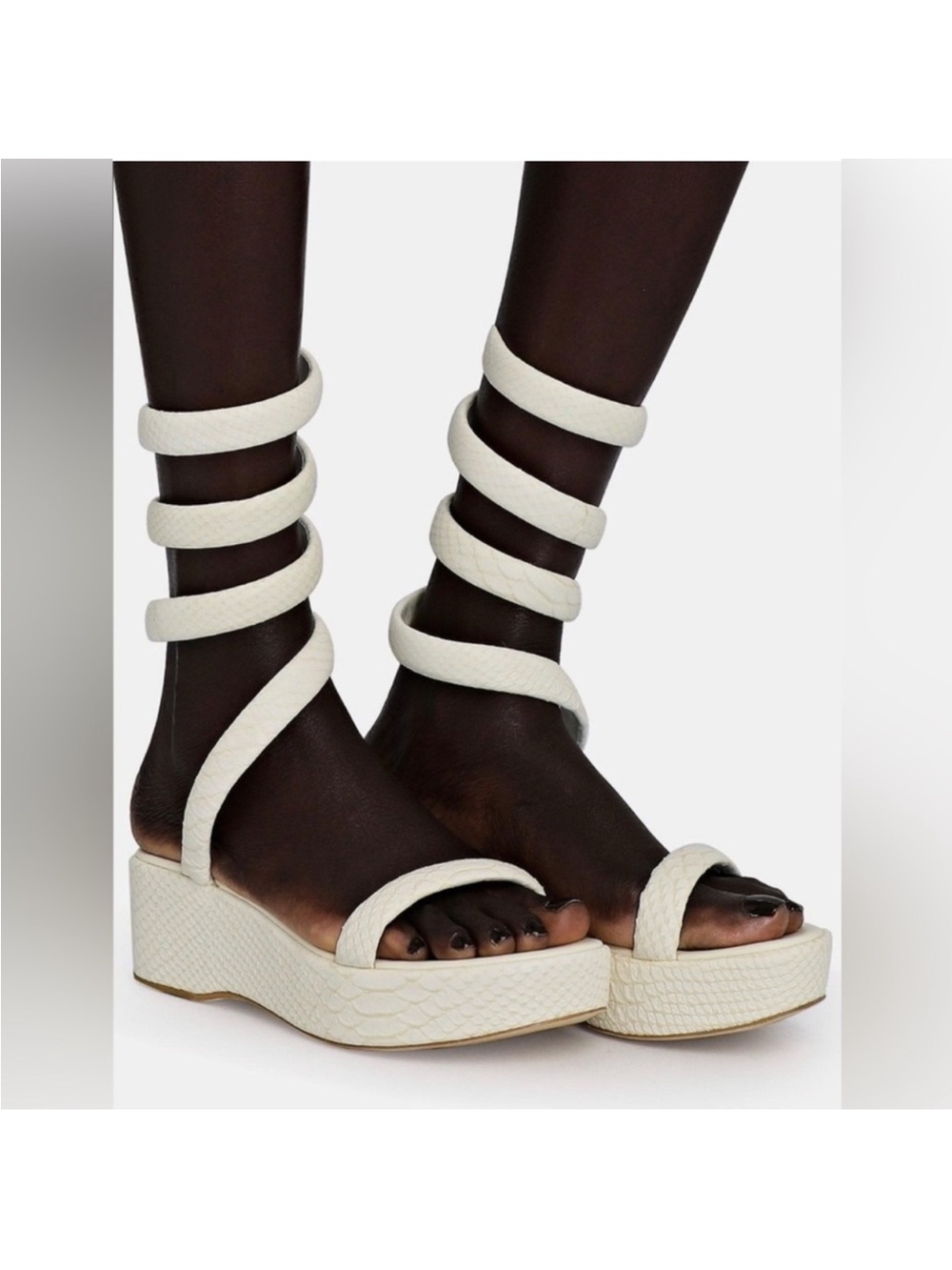 cult gaia Ivory Snake-Embossed Wrap Platform Sandals, Size 38.5